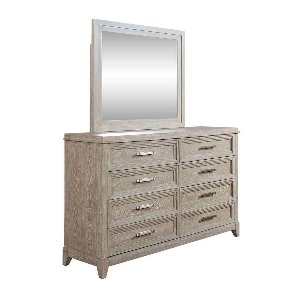 California King Panel Bed, Dresser & Mirror - Washed Taupe & Silver Champagne