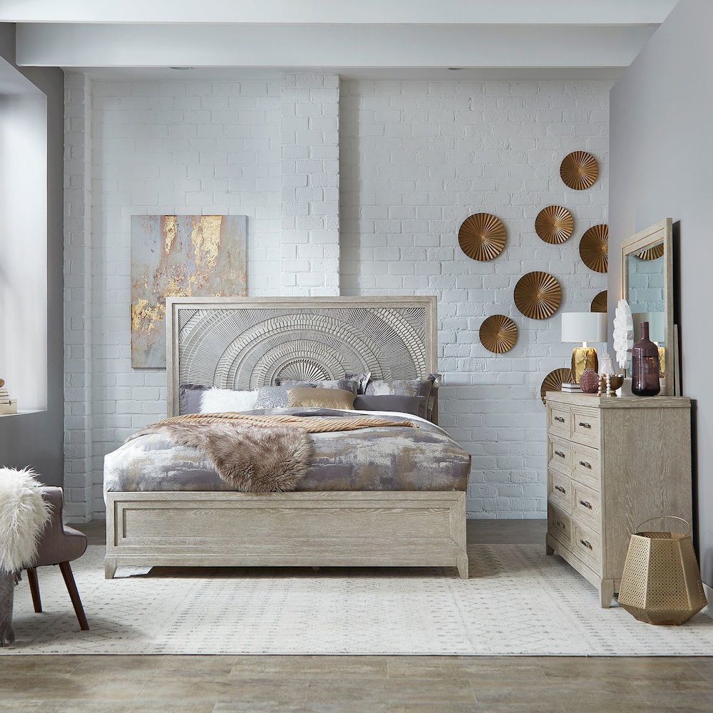 California King Panel Bed, Dresser & Mirror - Washed Taupe & Silver Champagne