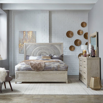 California King Panel Bed, Dresser & Mirror - Washed Taupe & Silver Champagne