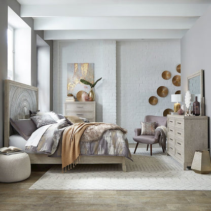 California King Panel Bed, Dresser & Mirror - Washed Taupe & Silver Champagne