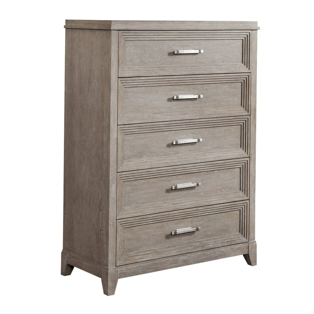 California King Panel Bed, Dresser & Mirror - Washed Taupe & Silver Champagne