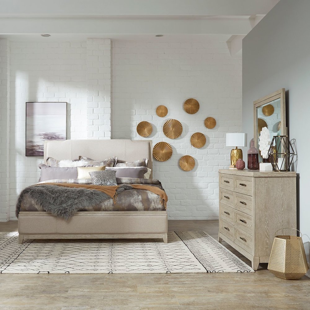 King Uph Bed, Dresser & Mirror in Rubberwood Solids w/ Split Heart Oak Veneers