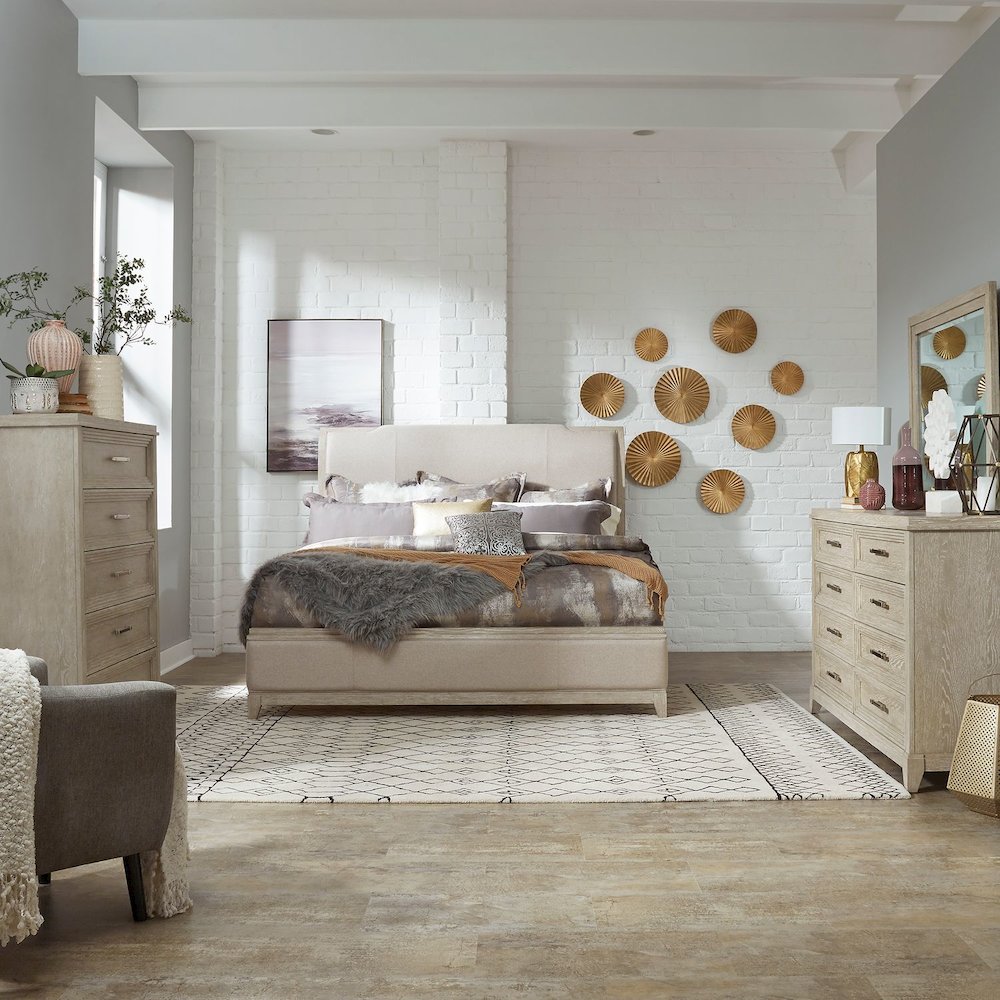 King Uph Bed, Dresser & Mirror in Rubberwood Solids w/ Split Heart Oak Veneers