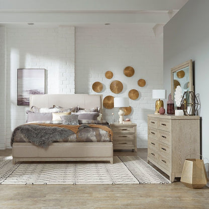 King Uph Bed, Dresser & Mirror in Rubberwood Solids w/ Split Heart Oak Veneers