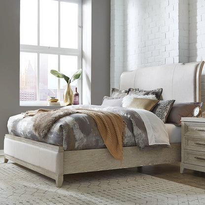 Belmar Queen Upholstered Bed in Rubberwood Solids w/ Split Heart Oak Veneers