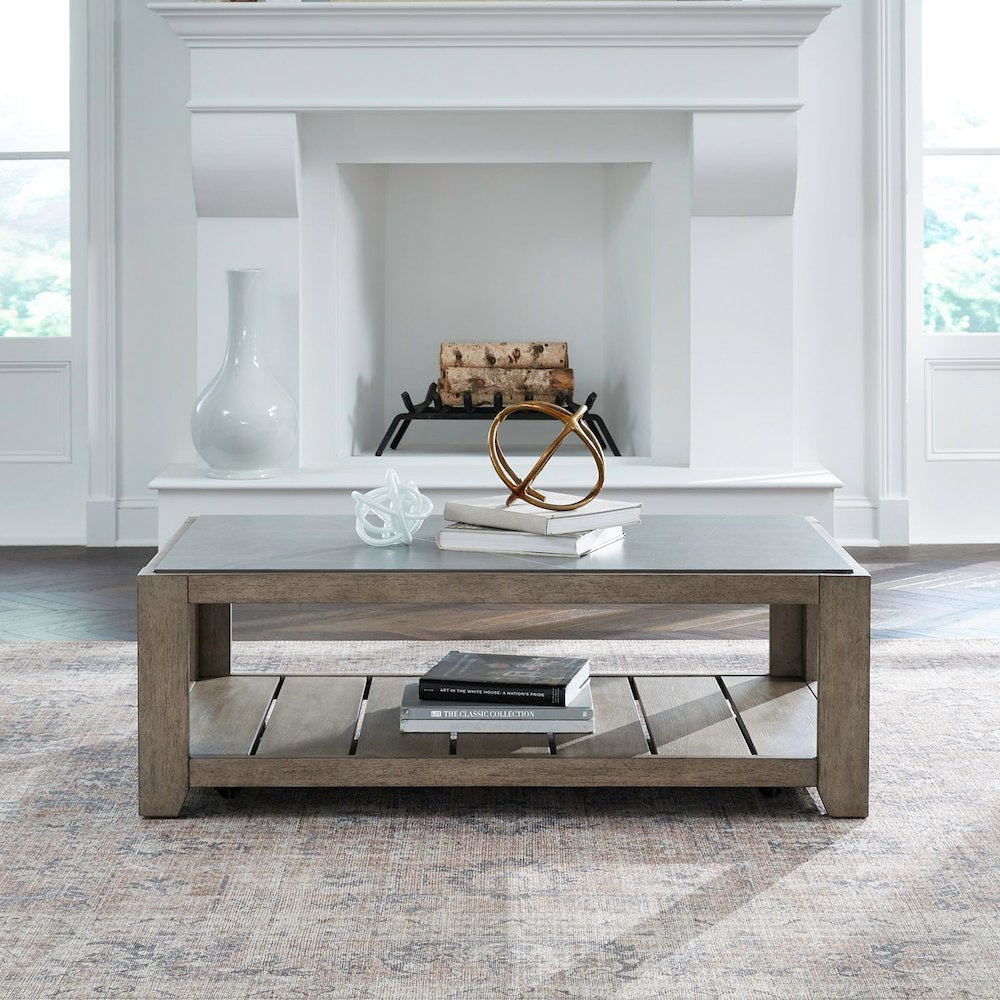 Millstone Cocktail Table with Unique Tile Top for Living Room - Nutmeg Oak Wood