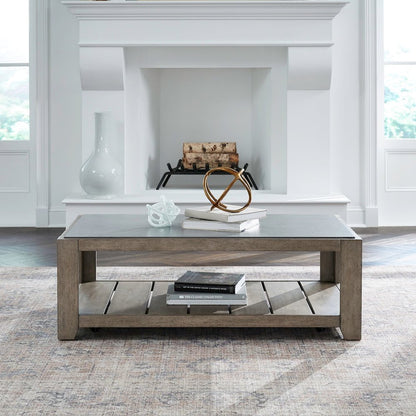 Millstone Cocktail Table with Unique Tile Top for Living Room - Nutmeg Oak Wood