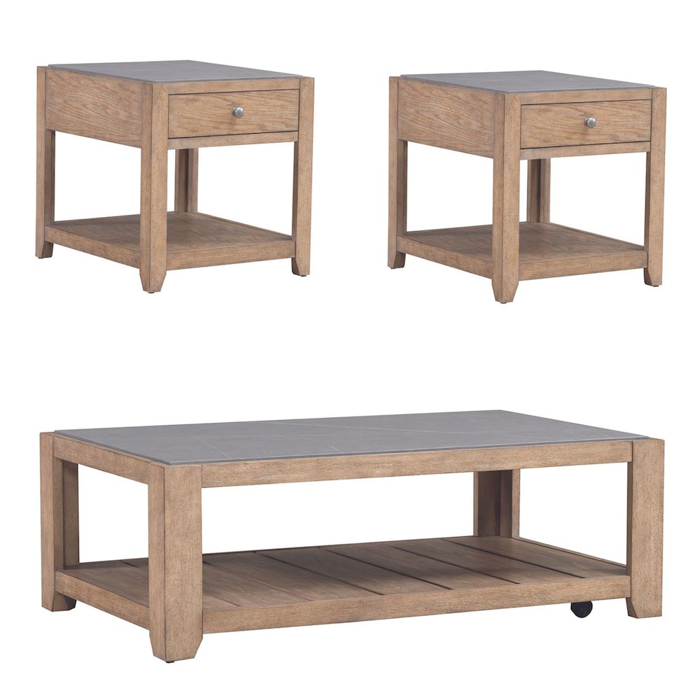 3 Piece Living Room Set, Tile Top Cocktail Table, 2 End Tables - Nutmeg Oak Wood