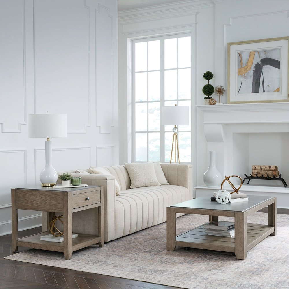 3 Piece Living Room Set, Tile Top Cocktail Table, 2 End Tables - Nutmeg Oak Wood