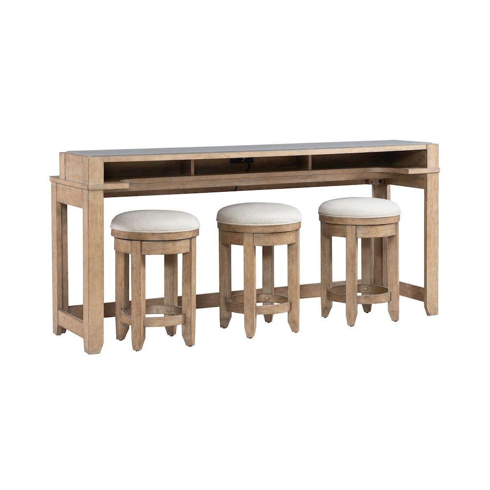 Millstone 4 Piece Set - Bar Console, 3 Stools, Charging Station, Nutmeg Oak