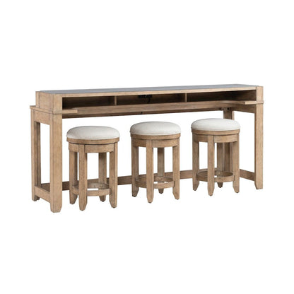 Millstone 4 Piece Set - Bar Console, 3 Stools, Charging Station, Nutmeg Oak
