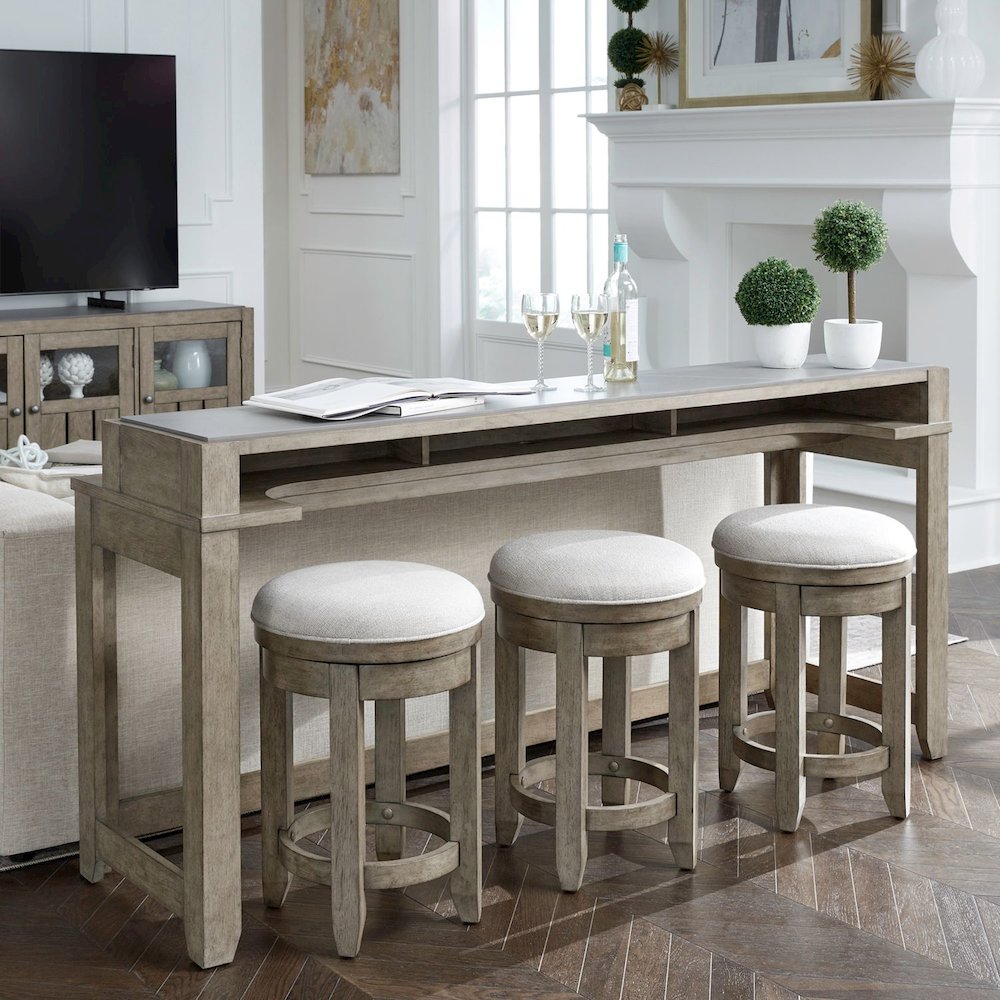 Millstone 4 Piece Set - Bar Console, 3 Stools, Charging Station, Nutmeg Oak