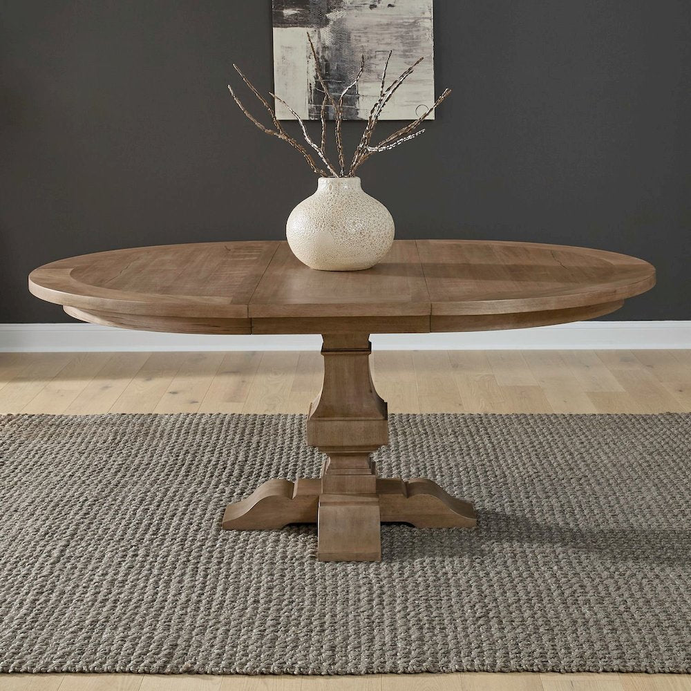 Haven Hills Round Pedestal Table with 18" Removable Leaf - Rustic Camel Beige