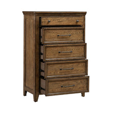 King Panel Bed, Dresser & Mirror, Chest Bedroom Furniture Set - Amber Brown