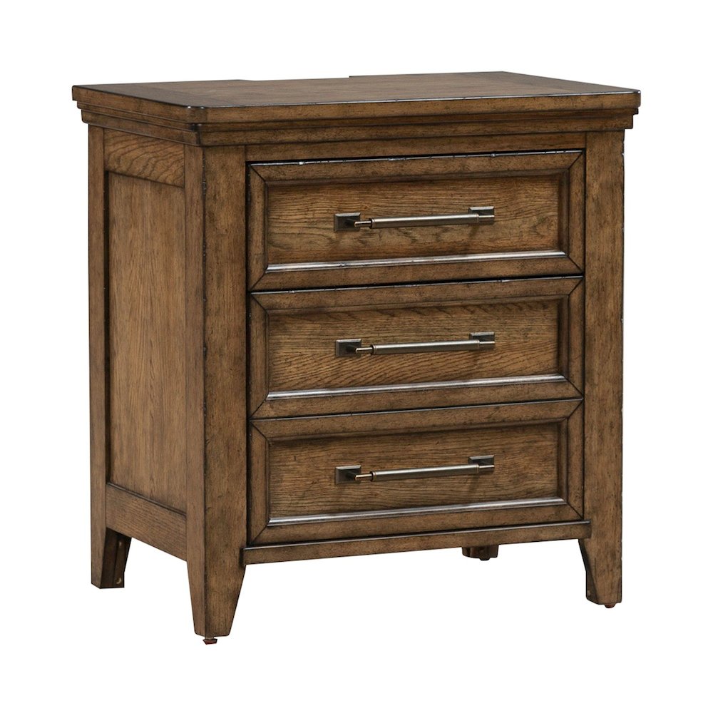 King Panel Bed, Dresser & Mirror, Night Stand Bedroom Set - Amber Brown