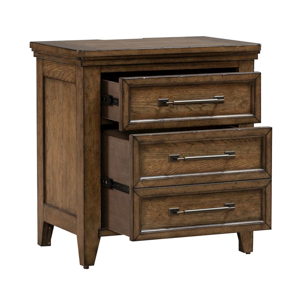 King Panel Bed, Dresser & Mirror, Night Stand Bedroom Set - Amber Brown