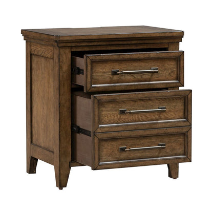 King Panel Bed, Dresser & Mirror, Night Stand Bedroom Set - Amber Brown