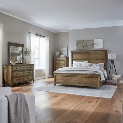 King Panel Bed, Dresser & Mirror, Chest Bedroom Furniture Set - Amber Brown