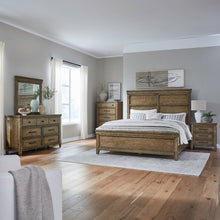 King Panel Bed, Dresser & Mirror, Chest, Night Stand Set - Amber Brown