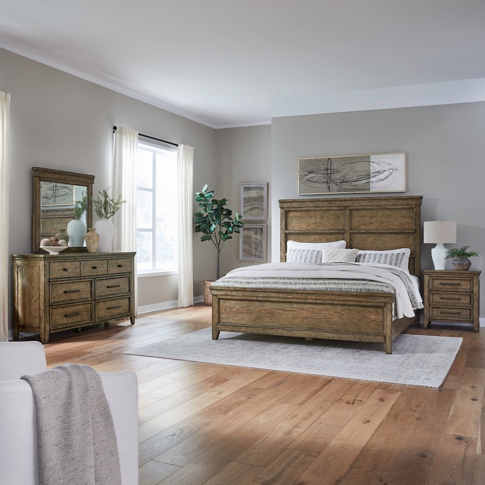 King Panel Bed, Dresser & Mirror, Night Stand Bedroom Set - Amber Brown