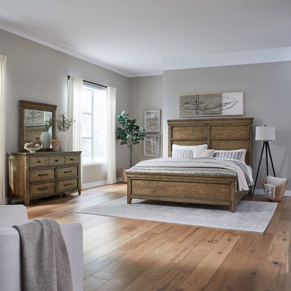 Queen Panel Bed, Dresser & Mirror Bedroom Furniture Set - Amber Brown