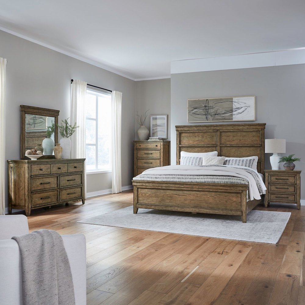 Queen Panel Bed, Dresser & Mirror, Chest, Night Stand Bedroom Set - Amber Brown