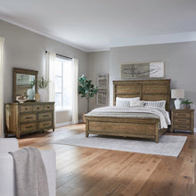 Queen Panel Bed, Dresser & Mirror, Night Stand Bedroom Set - Amber Brown
