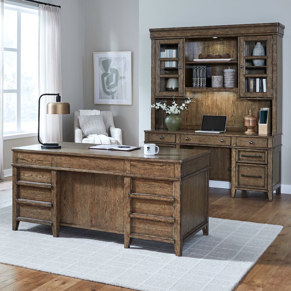 5 Piece Jr Executive Set with Desk, Credenza & Hutch- Amber Brown Oak Wood