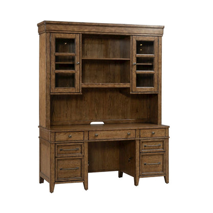Credenza & Hutch with LED Light, Keyboard Tray - Amber Brown Oak Wood
