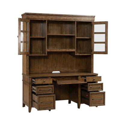 5 Piece Jr Executive Set with Desk, Credenza & Hutch- Amber Brown Oak Wood