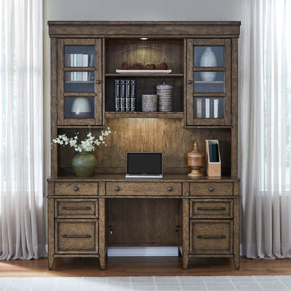 5 Piece Jr Executive Set with Desk, Credenza & Hutch- Amber Brown Oak Wood