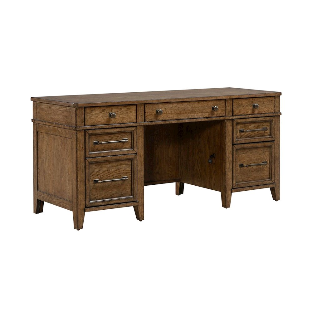 Jr Executive Credenza, Keyboard Tray, Locking File Storage- Amber Brown Oak Wood