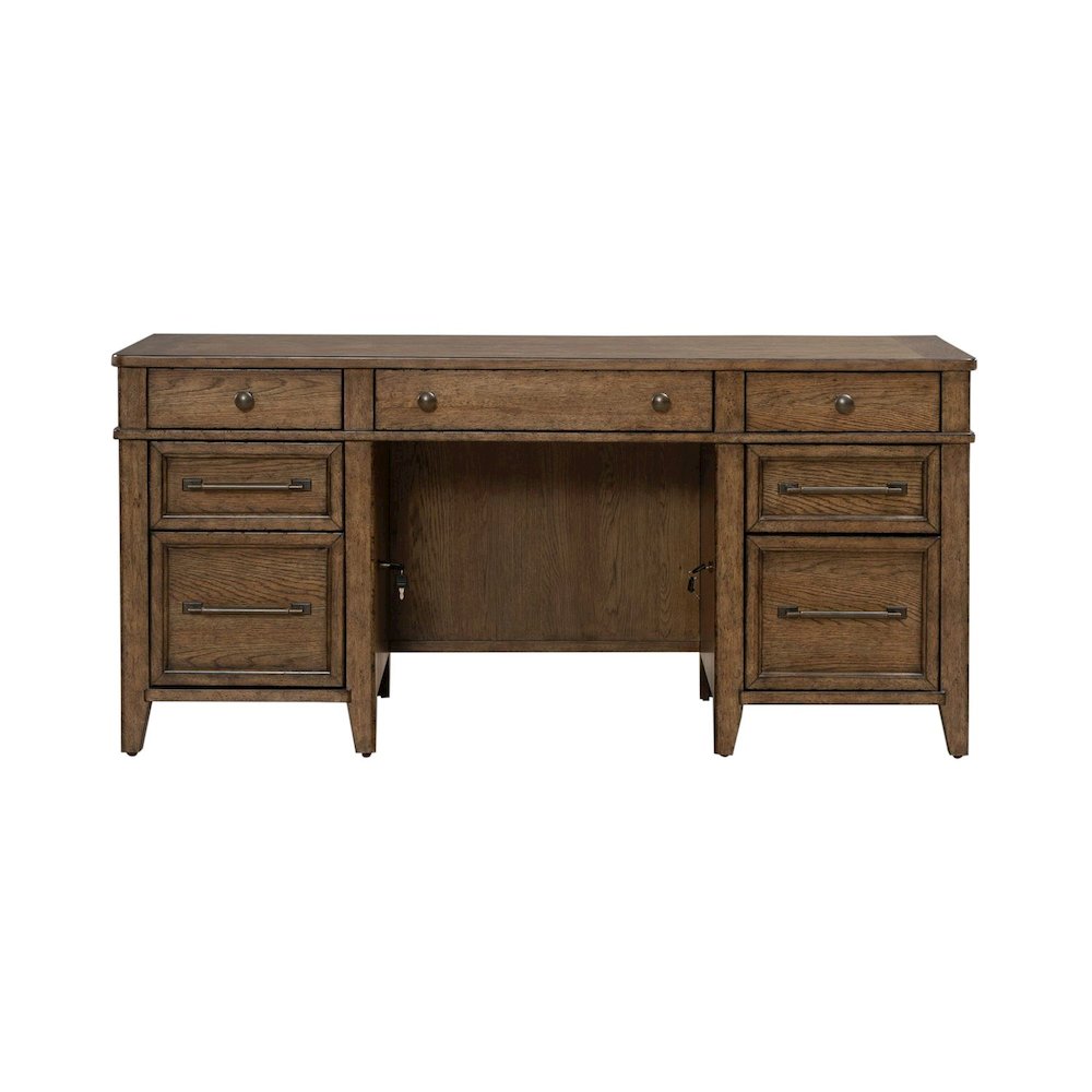 Jr Executive Credenza, Keyboard Tray, Locking File Storage- Amber Brown Oak Wood
