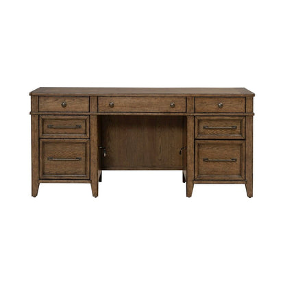 Jr Executive Credenza, Keyboard Tray, Locking File Storage- Amber Brown Oak Wood