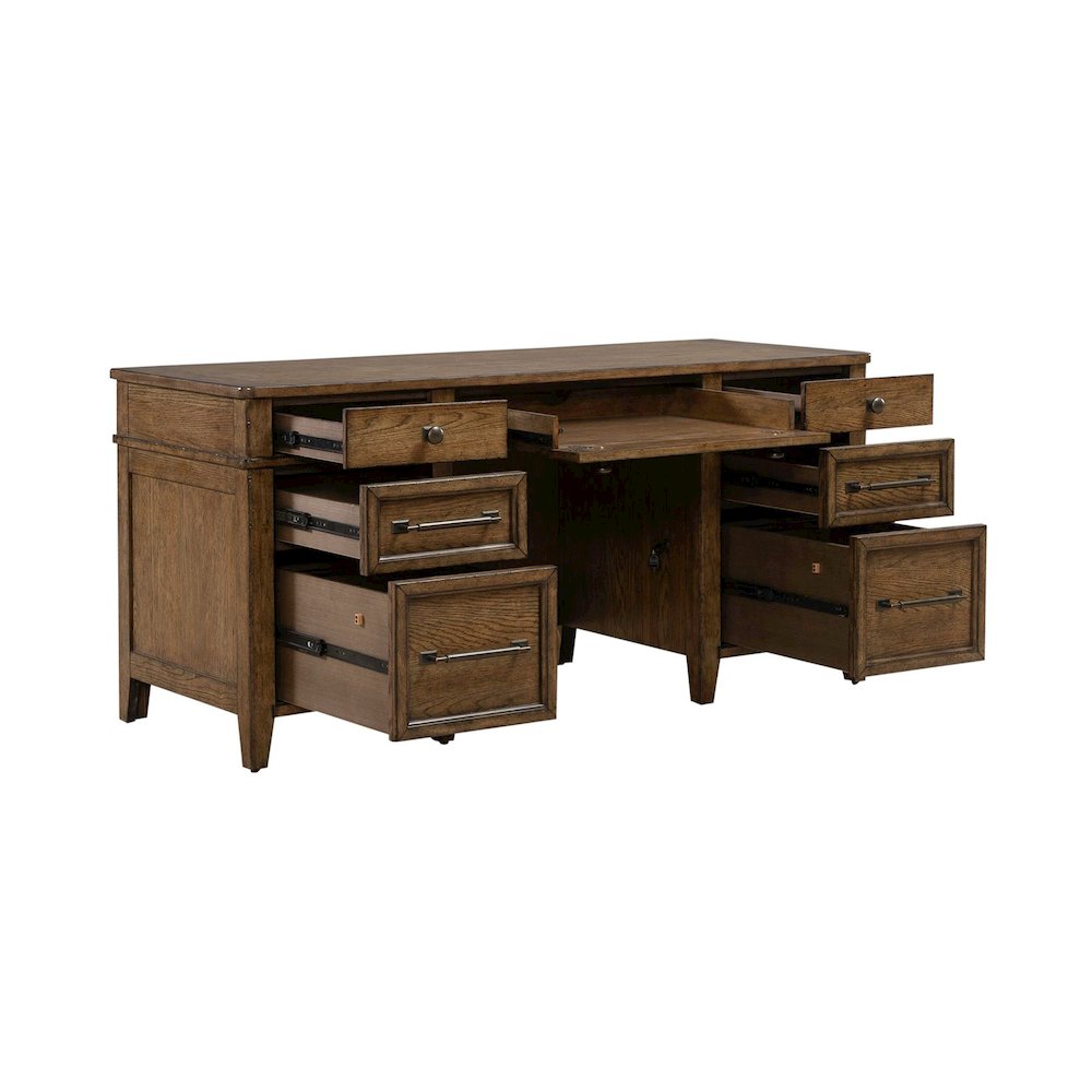 Jr Executive Credenza, Keyboard Tray, Locking File Storage- Amber Brown Oak Wood