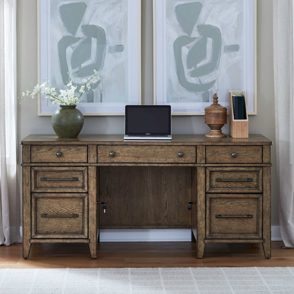 Jr Executive Credenza, Keyboard Tray, Locking File Storage- Amber Brown Oak Wood
