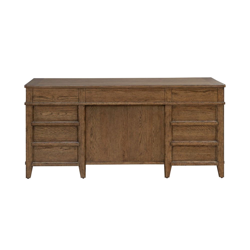 Jr Executive Desk with Keyboard Tray, Locking File Storage- Amber Brown Oak Wood