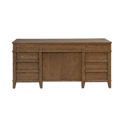Jr Executive Desk with Keyboard Tray, Locking File Storage- Amber Brown Oak Wood