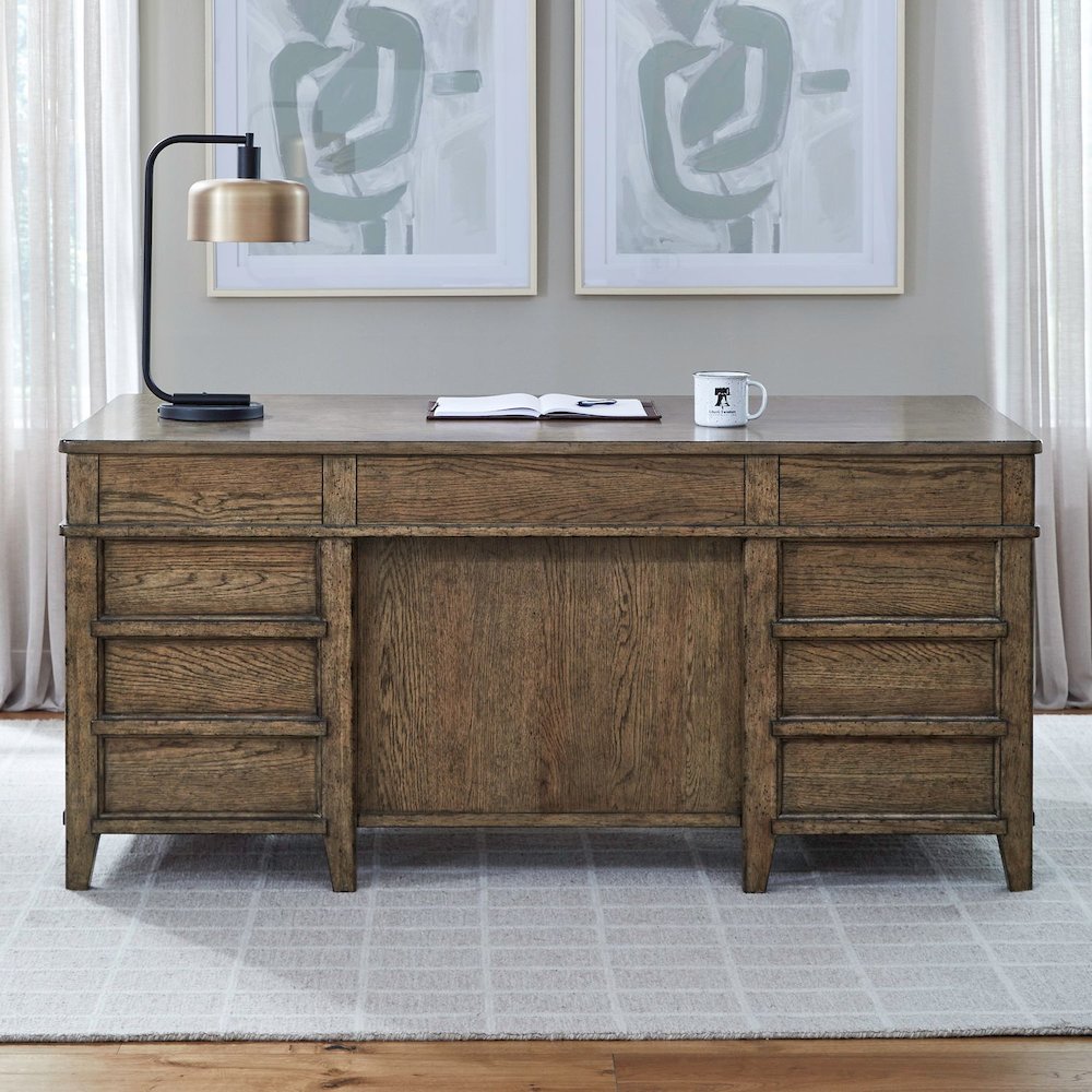 Jr Executive Desk with Keyboard Tray, Locking File Storage- Amber Brown Oak Wood