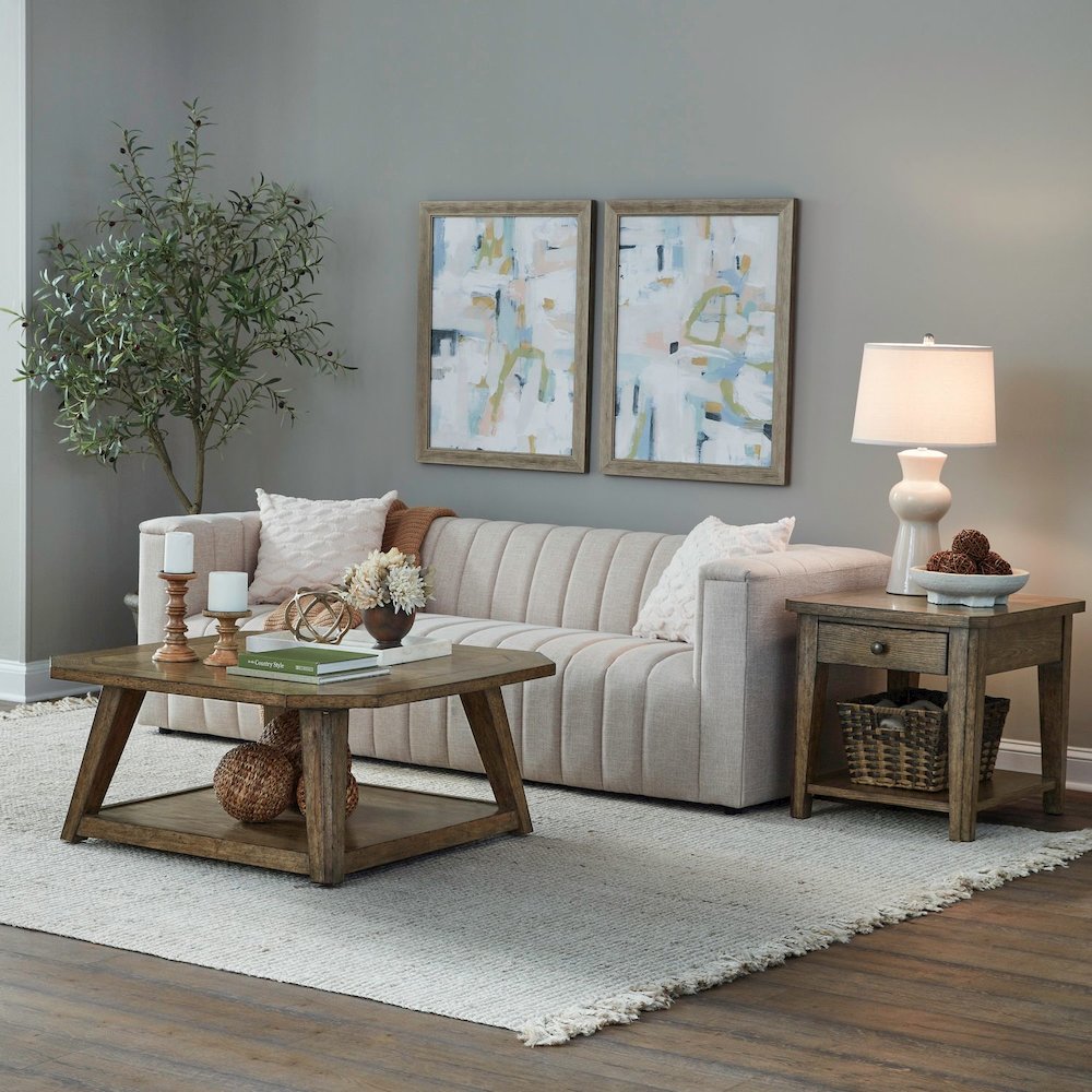 3 Pc Set for Living Room -Octagonal Cocktail Table, 2 End Tables-Amber Brown Oak