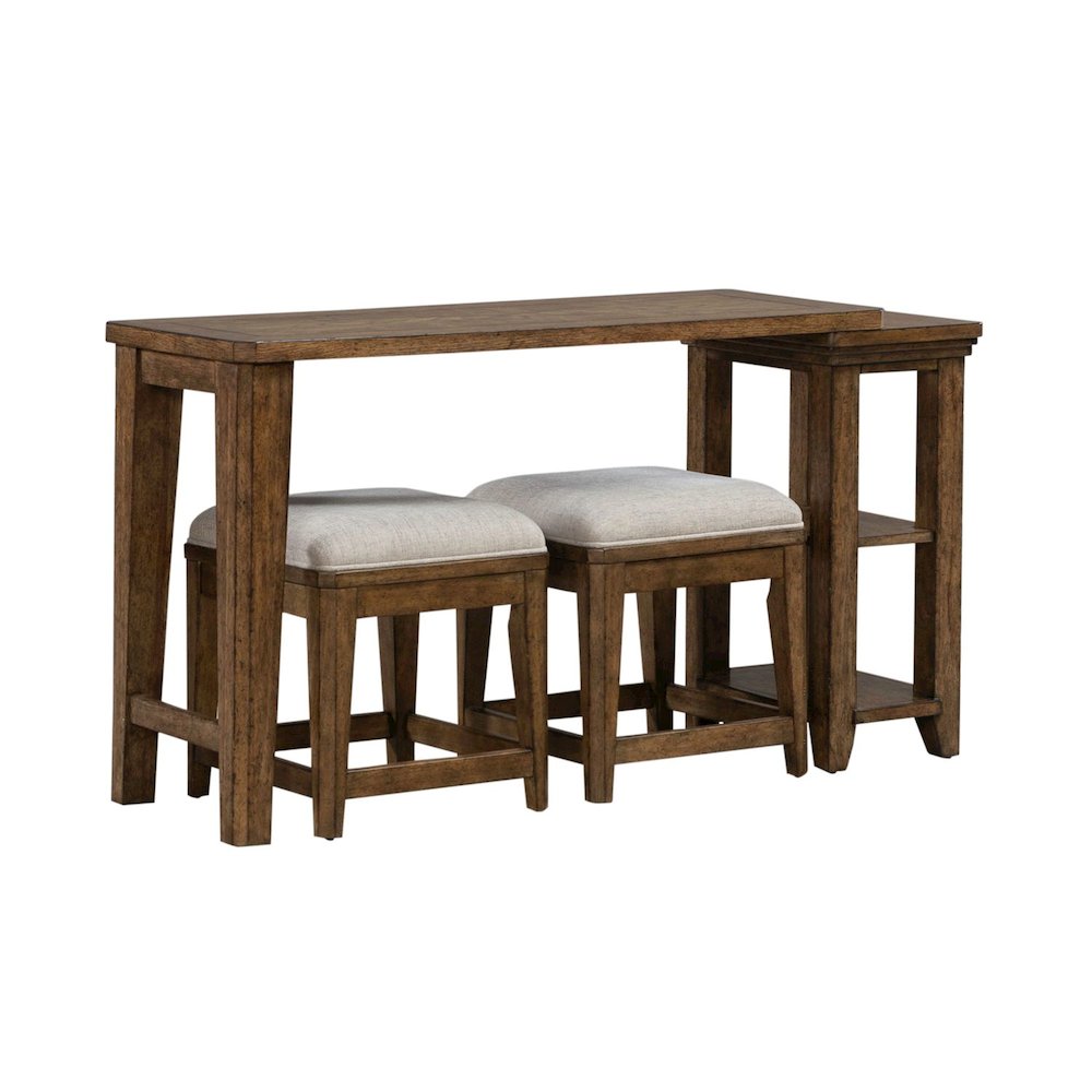 3 Piece Set for Living Room - Console Table, 2 Stools - Amber Brown Oak