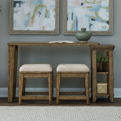 3 Piece Set for Living Room - Console Table, 2 Stools - Amber Brown Oak