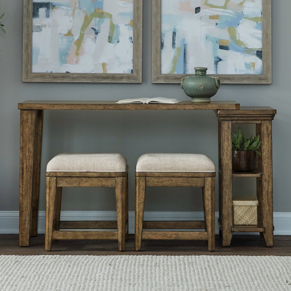 3 Piece Set for Living Room - Console Table, 2 Stools - Amber Brown Oak