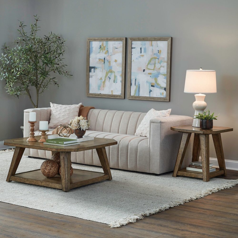 3 Piece Set - Octagonal Cocktail Table, 2 Octagonal End Tables - Amber Brown Oak