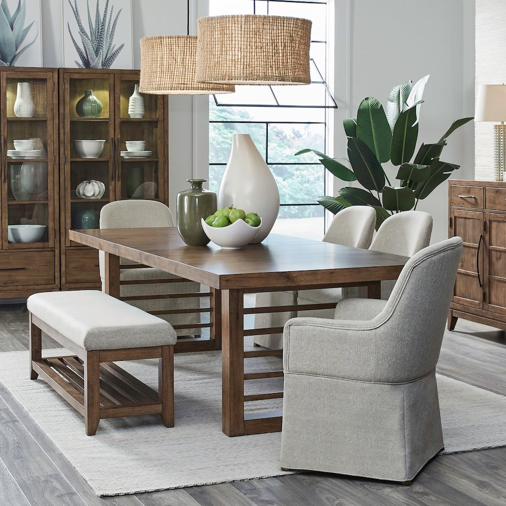 Shaker Lakes 6 Piece Double Pedestal Table Set - Dining Bench, 4 Upholstered