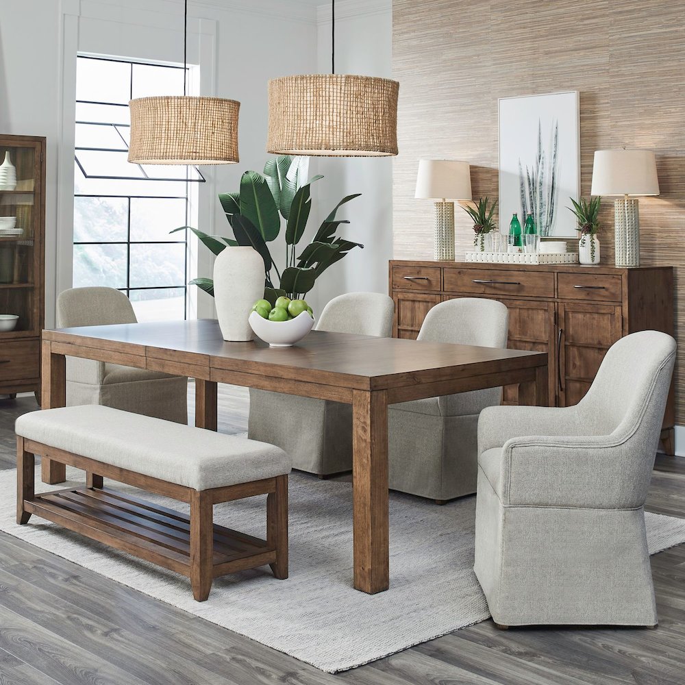 Shaker Lakes 6 Piece Rectangular Table Set - Dining Bench, 4 Upholstered Arm