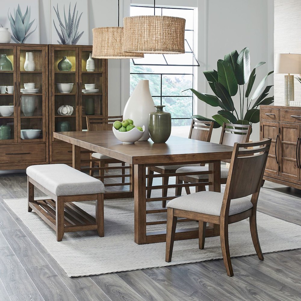 Shaker Lakes Opt 6 Piece Double Pedestal Table Set - Dining Bench, 4 Panel