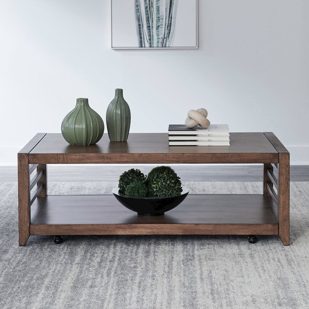 Shaker Lakes Cocktail Table with Casters - Harvest Brown Maple Wood
