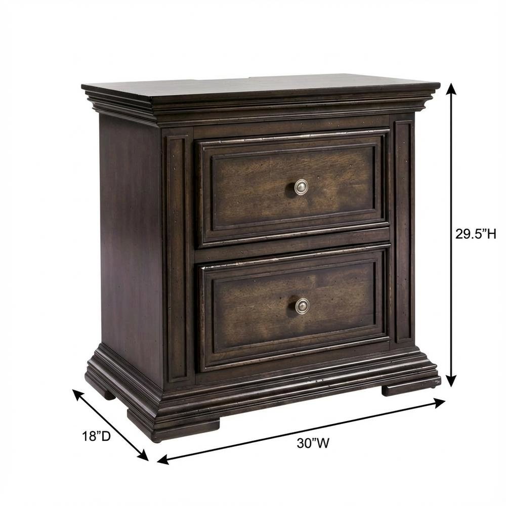 Brown Nightstand with Two Drawers and Charging Station for Bedroom Storage