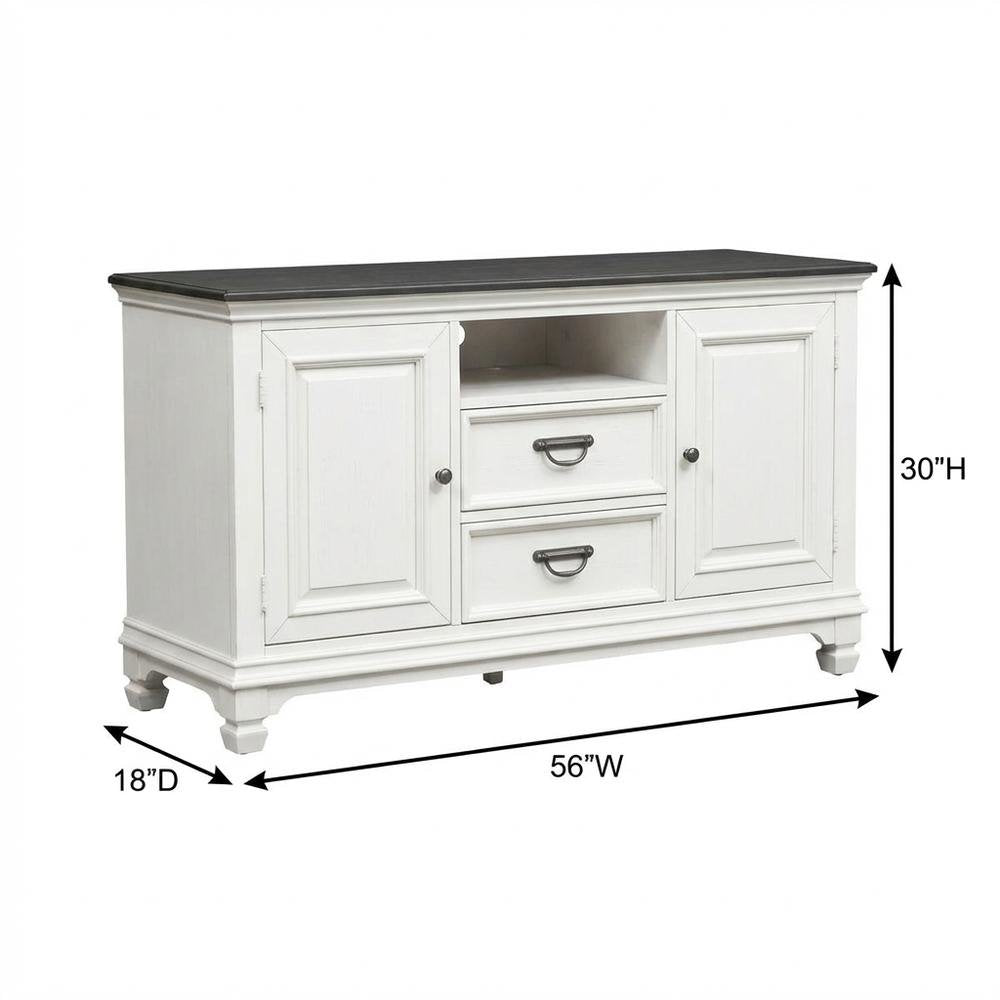White Wirebrushed TV Console with Charcoal Top in Cottage Style